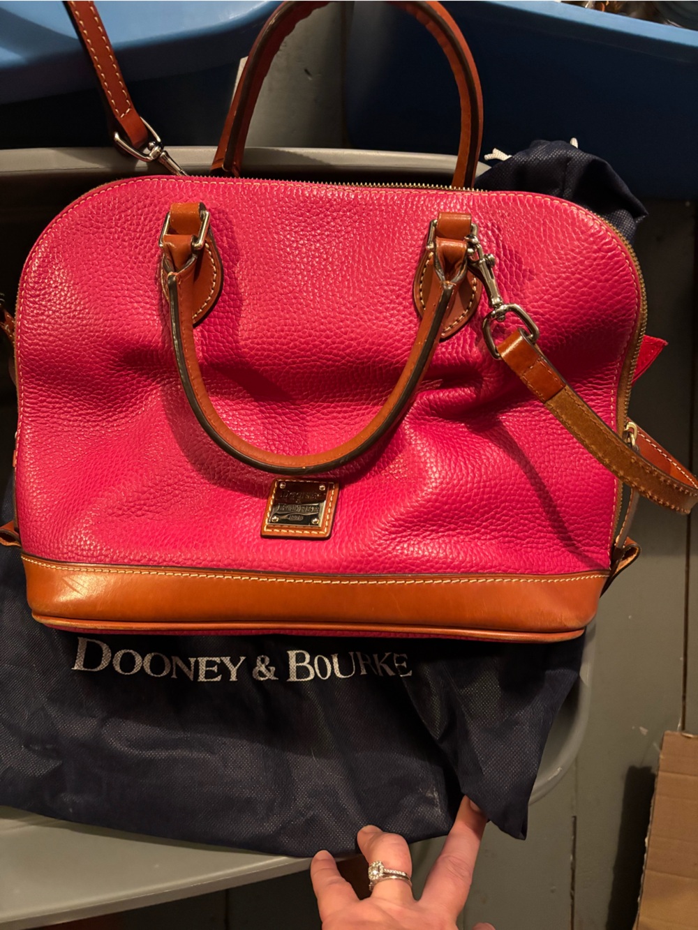 Dooney & Bourke Hot Pink Pebbled Leather Satchel with Tan Trim